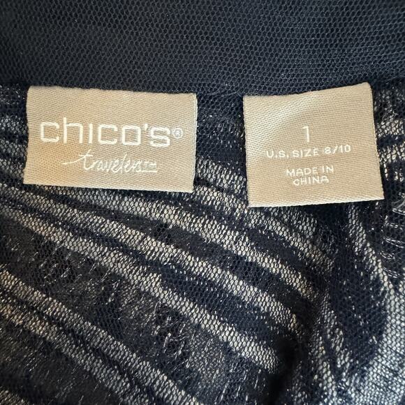 Chico's Travelers Printed Strip Jacket Sz 1 M 8-10 Navy Silver Mesh Embroidered - Picture 8 of 14